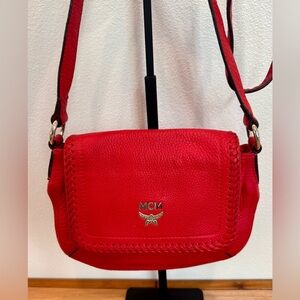 MCM Scarlet Red Leather Crossbody Bag with Whipstitch Trim